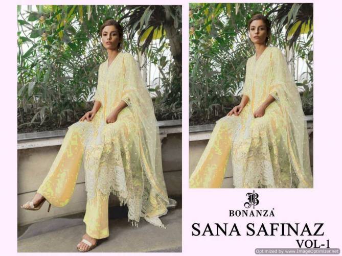 Bonanza Sana Safinaz Vol 1 Latest Heavy Fancy Pakistanu Salwar Suit Collection Having Pure Cotton wWth Chikaari Work Top Semi Lawn Sleeves Digital Printed Bottom And Heavy Embroidery Net Dupatta